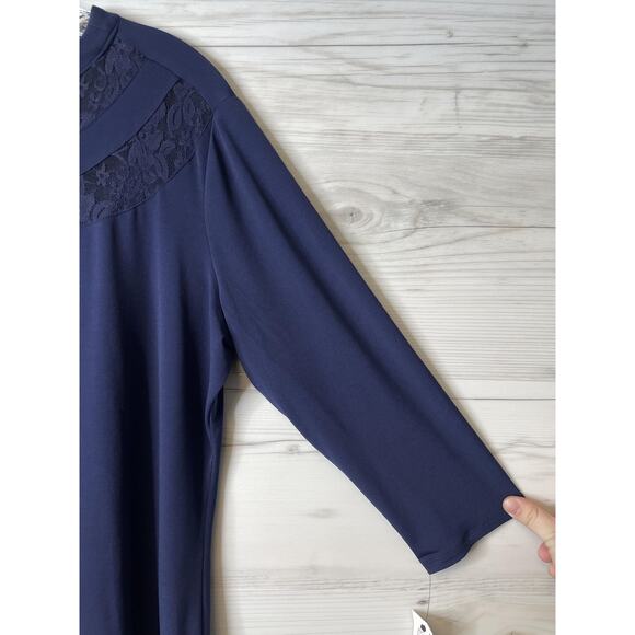 NY Collection Top Womens Large Lace Yoke 3/4 Sleeve Knit Pullover Shirt - Picture 3 of 12